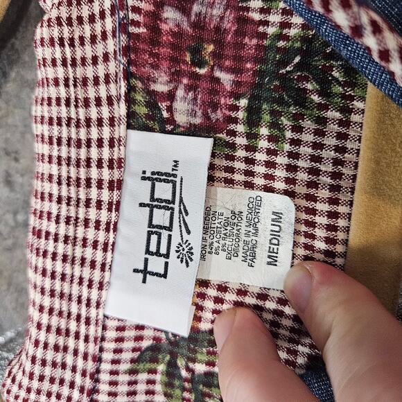 Vintage Button Up Denim Jacket Gingham Trim & Floral Embroidery Cottagecore - Picture 3 of 9